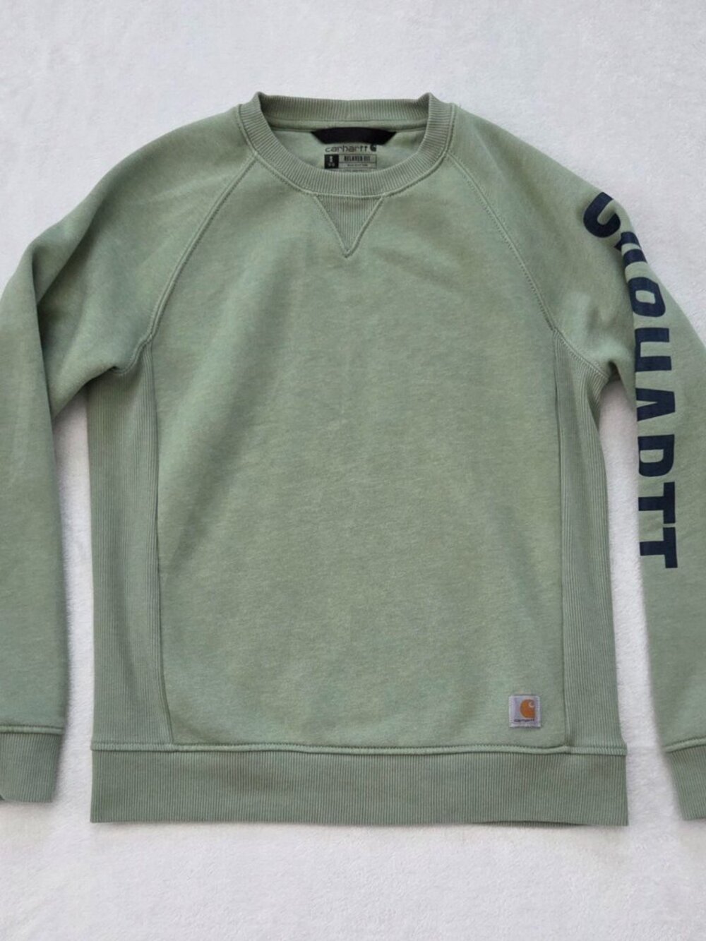 Carhartt Fleece Sweatshirt Womens S Green Relaxed Fit Logo Sleeve Crewneck Cozy